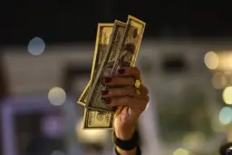 اسکناس‌های دلار (US Dollar) در دست یک فرد در شب