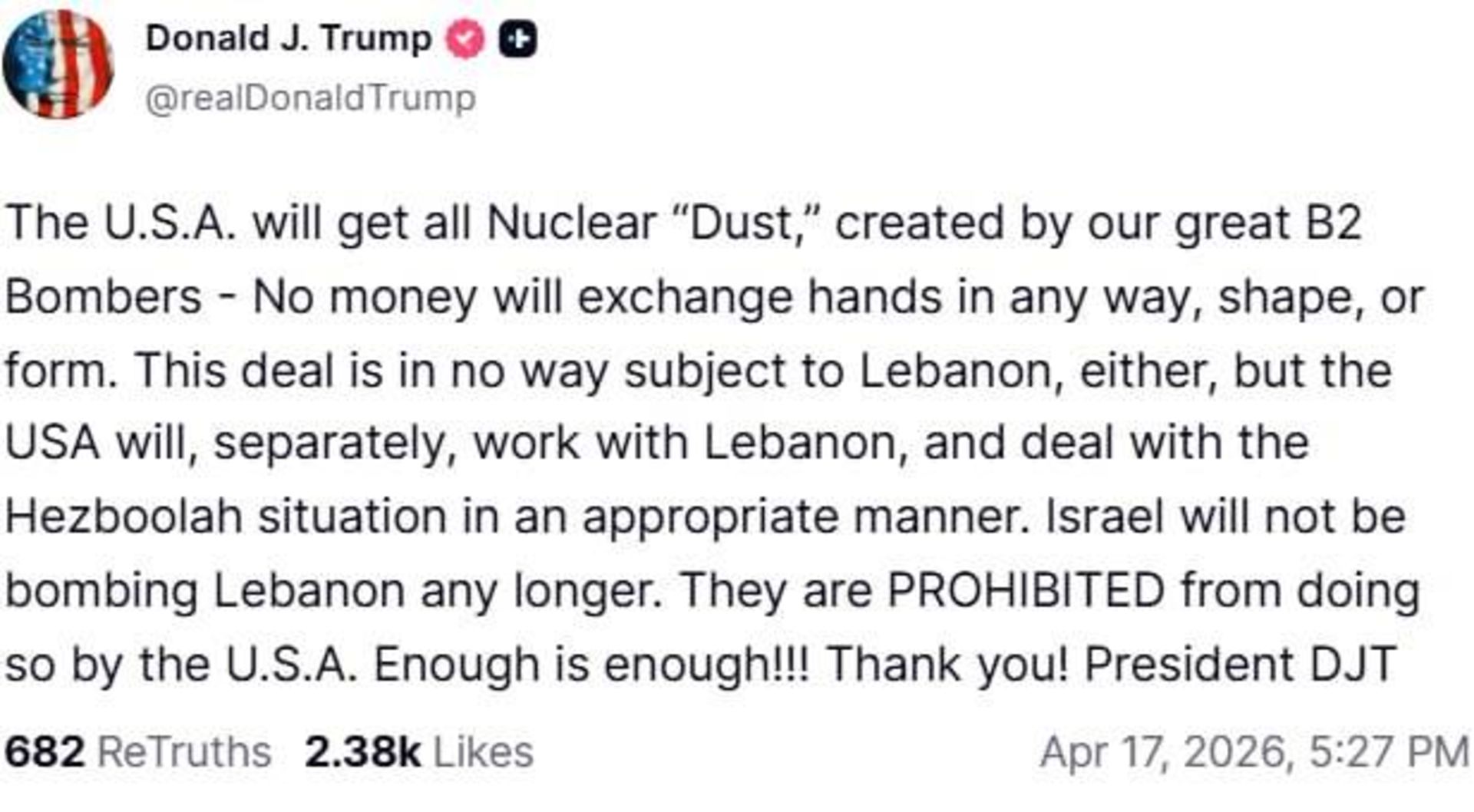 پیام ترامپ در «تروث سوشال»