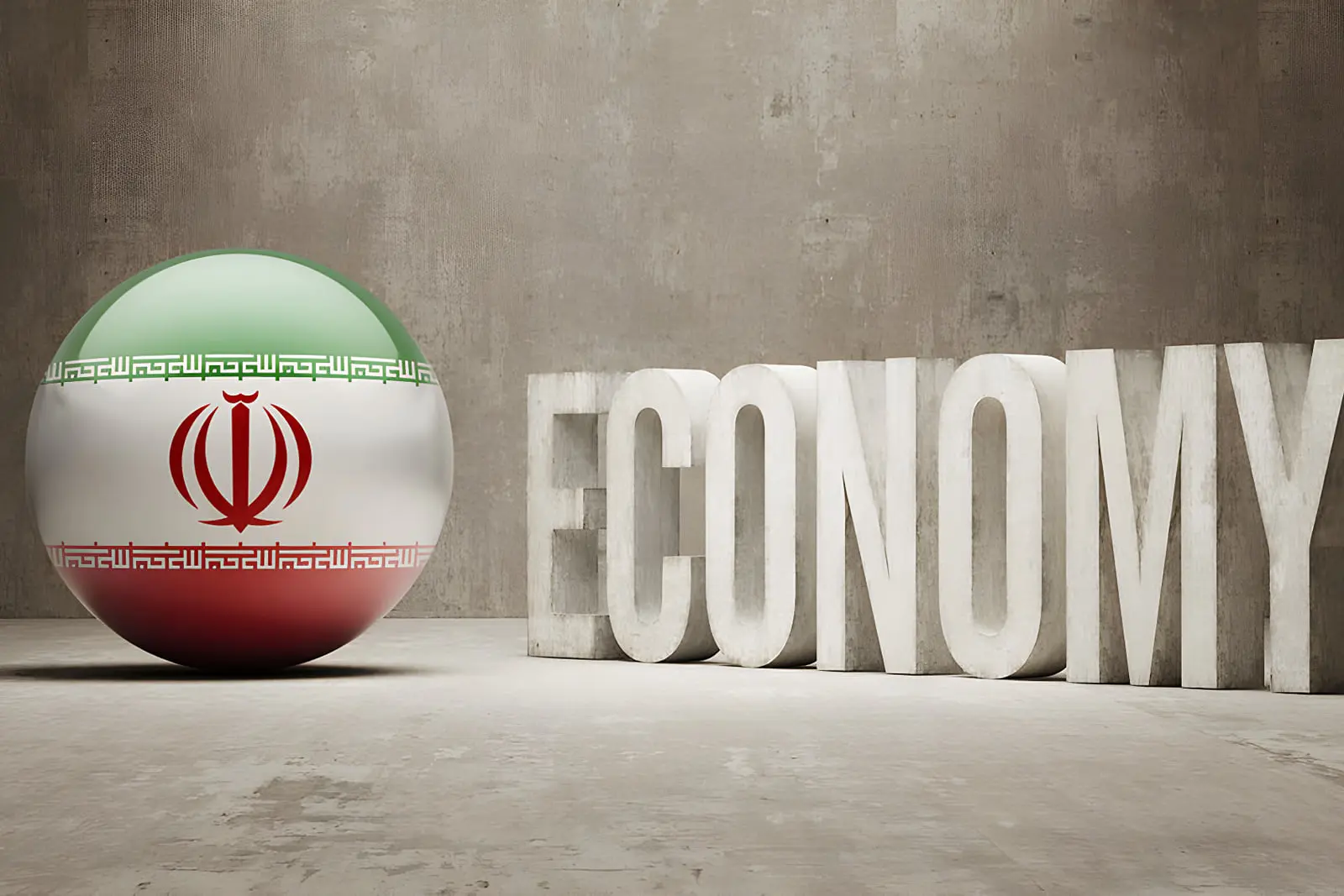 گوی با طرح پرچم ایران (Iran) در کنار حروف سنگی کلمه ECONOMY