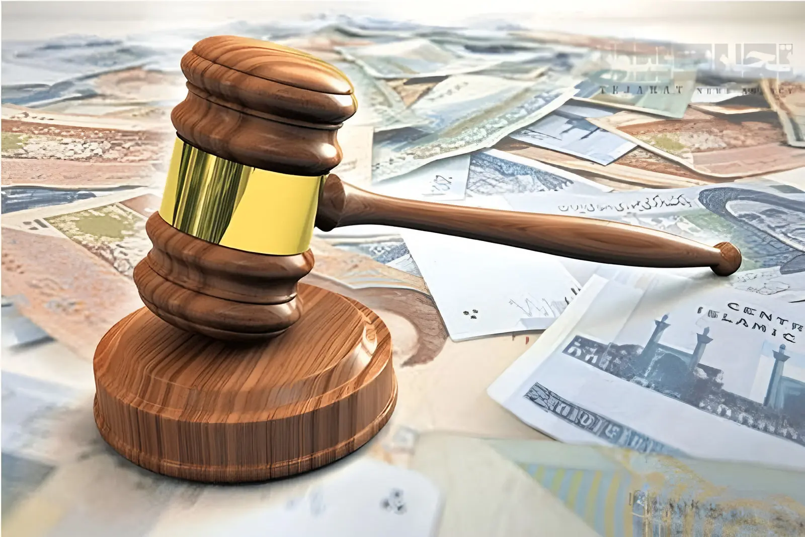 چکش چوبی دادگاه روی انبوهی از اسکناس‌های پول قرار گرفته است