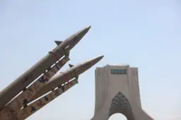 تصاویر یک لانچر موشکی در میدان آزادی نمای برج در پس زمینه عکس دیده می شود