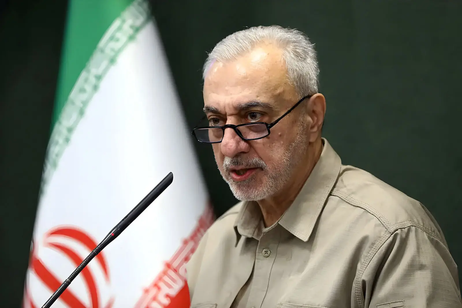 مهرداد اخلاقی (Mehrdad Akhlaghi) در مقابل پرچم ایران در حال سخنرانی