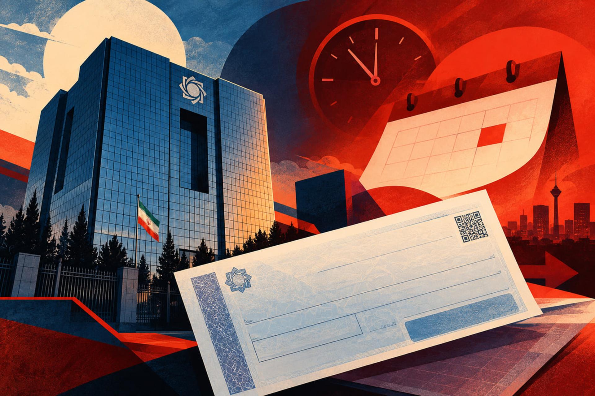 چک رمزدار و ساختمان بانک مرکزی ایران در پس‌زمینه