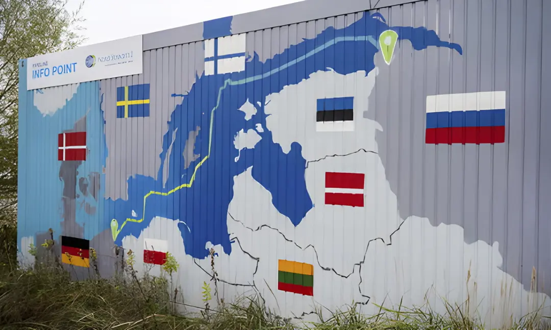 نقشه خط لوله نورد استریم ۲ (Nord Stream 2) روی دیوار ایستگاه دریافت گاز در آلمان