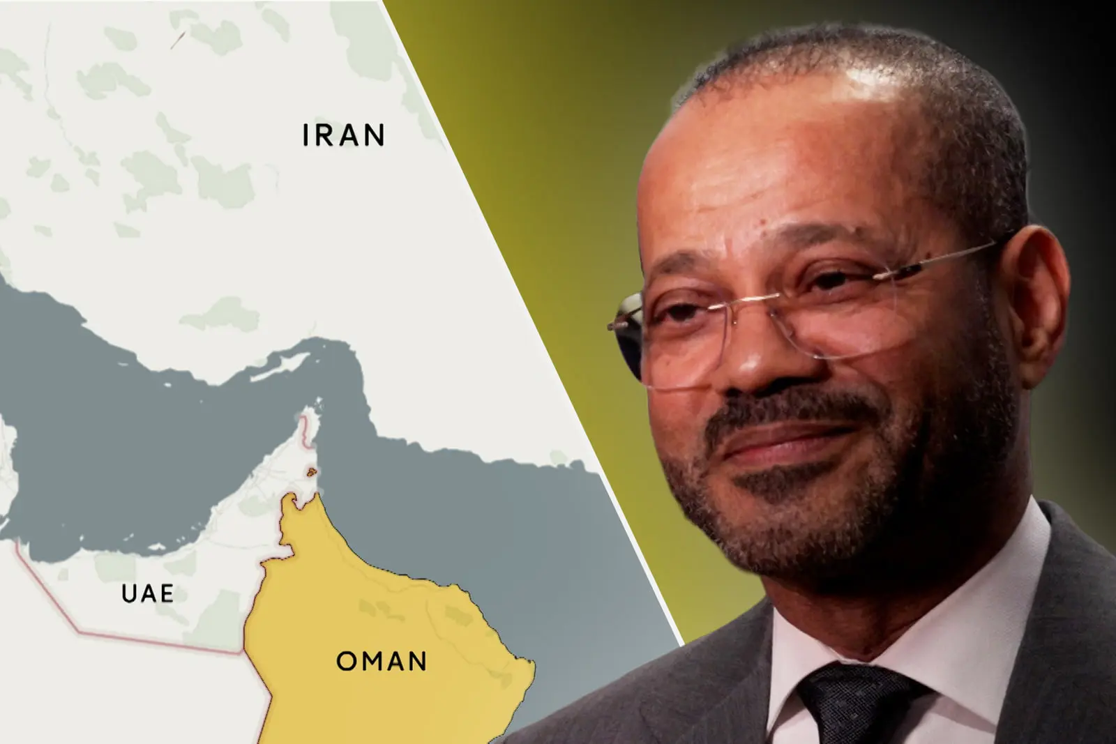 نقشه خلیج فارس و موقعیت جغرافیایی عمان (Oman) در کنار چهره یک مقام مسئول
