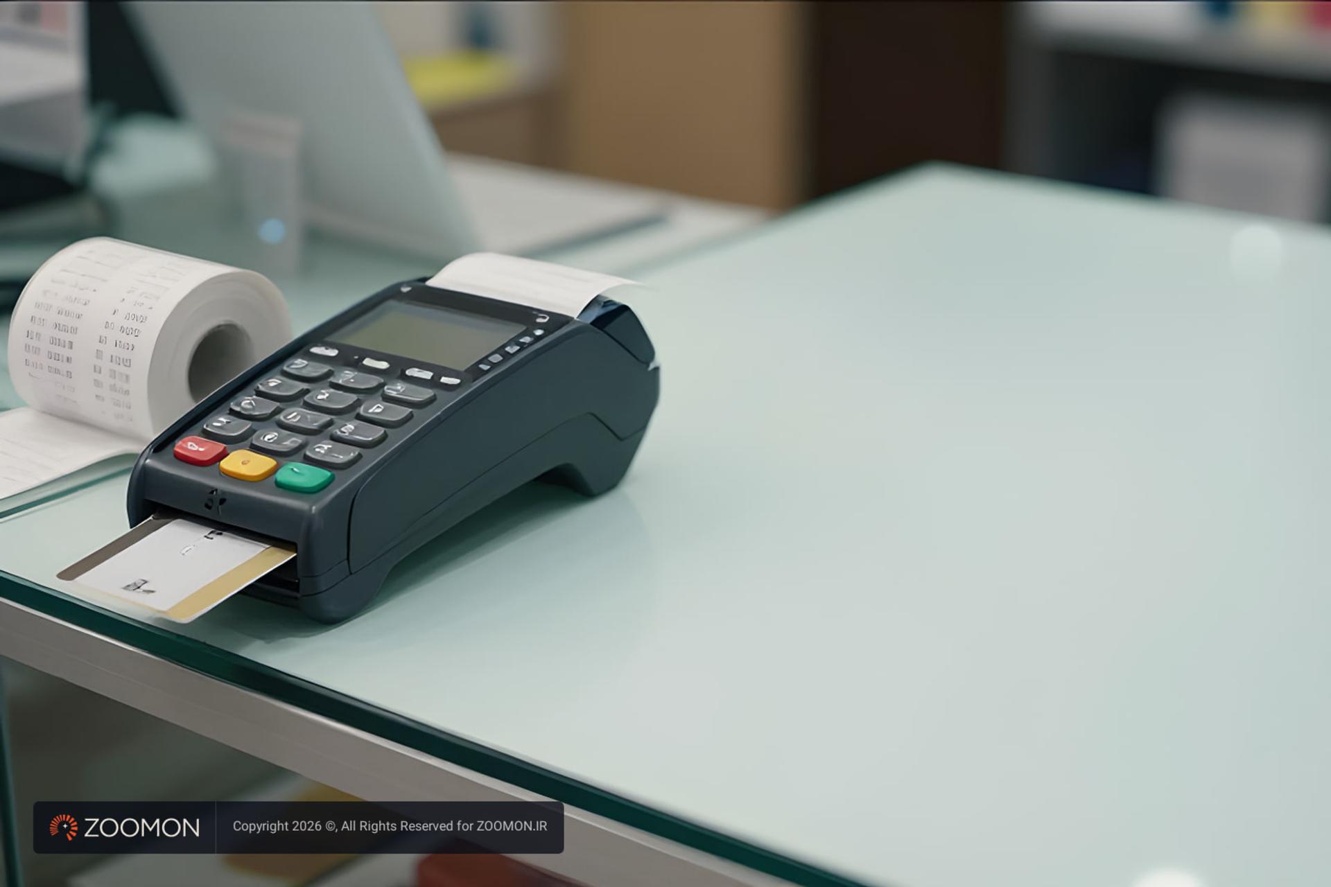 دستگاه کارت‌خوان (POS) روی پیشخوان فروشگاه با یک کارت بانکی