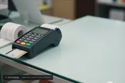 دستگاه کارت‌خوان (POS) روی پیشخوان فروشگاه با یک کارت بانکی