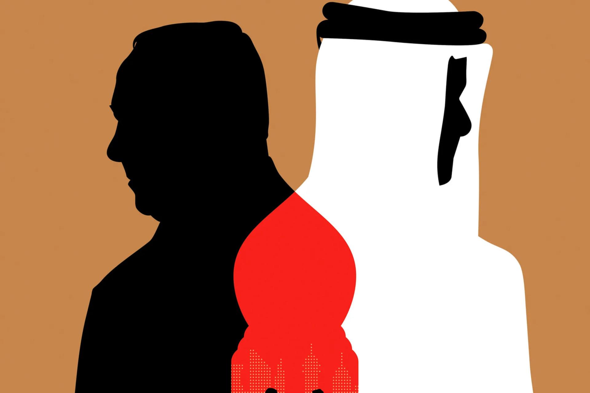 سایه سیاه یک مرد در کنار سایه سفید مردی با پوشش سنتی عربی