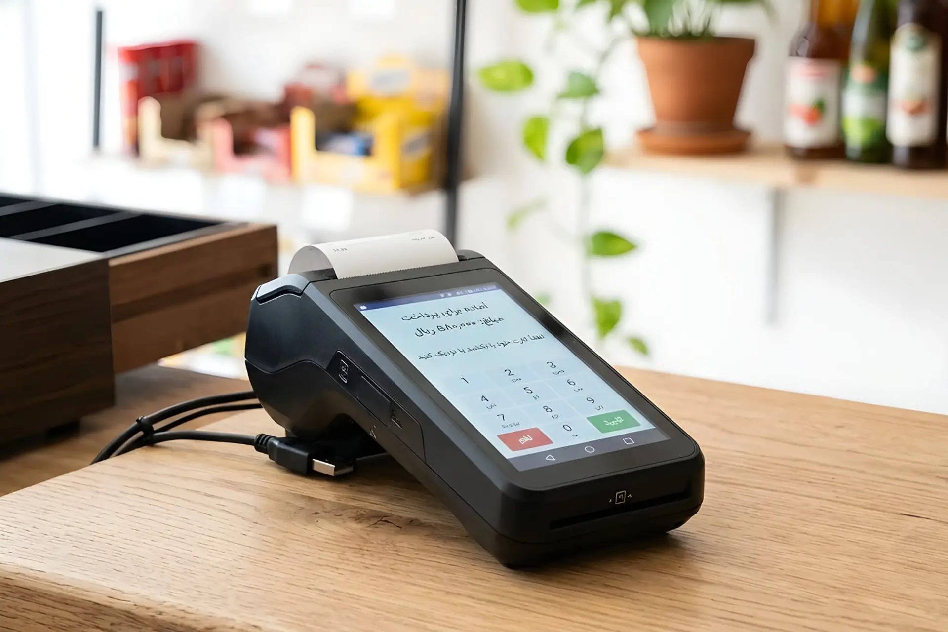 دستگاه کارتخوان (POS) روی میز چوبی در محیط فروشگاه