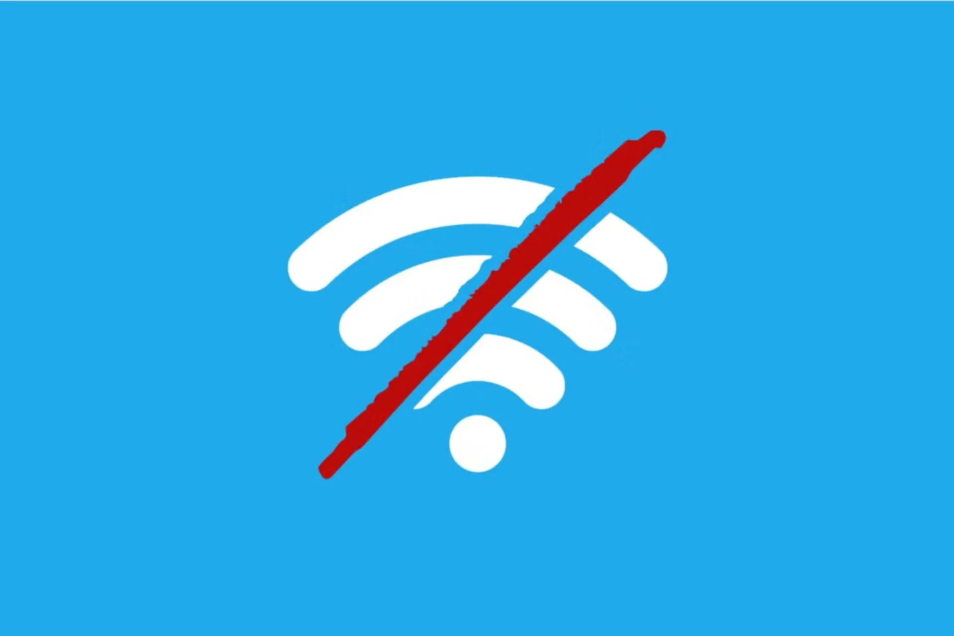 نماد وای‌فای سفید با یک خط قرمز مورب روی آن، نشان‌دهنده عدم اتصال به اینترنت یا وای‌فای قطع‌شده، بر روی زمینه آبی روشن.