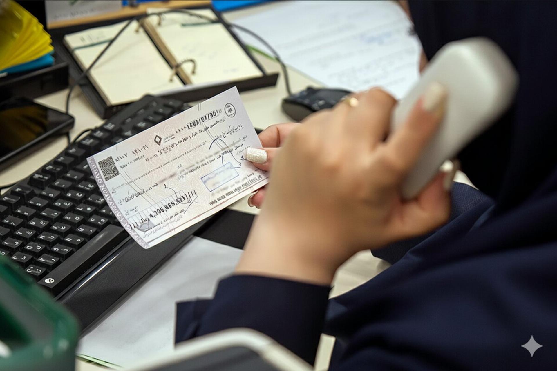 بررسی یک چک صیادی توسط متصدی بانک در فرآیند پردازش اسناد مالی