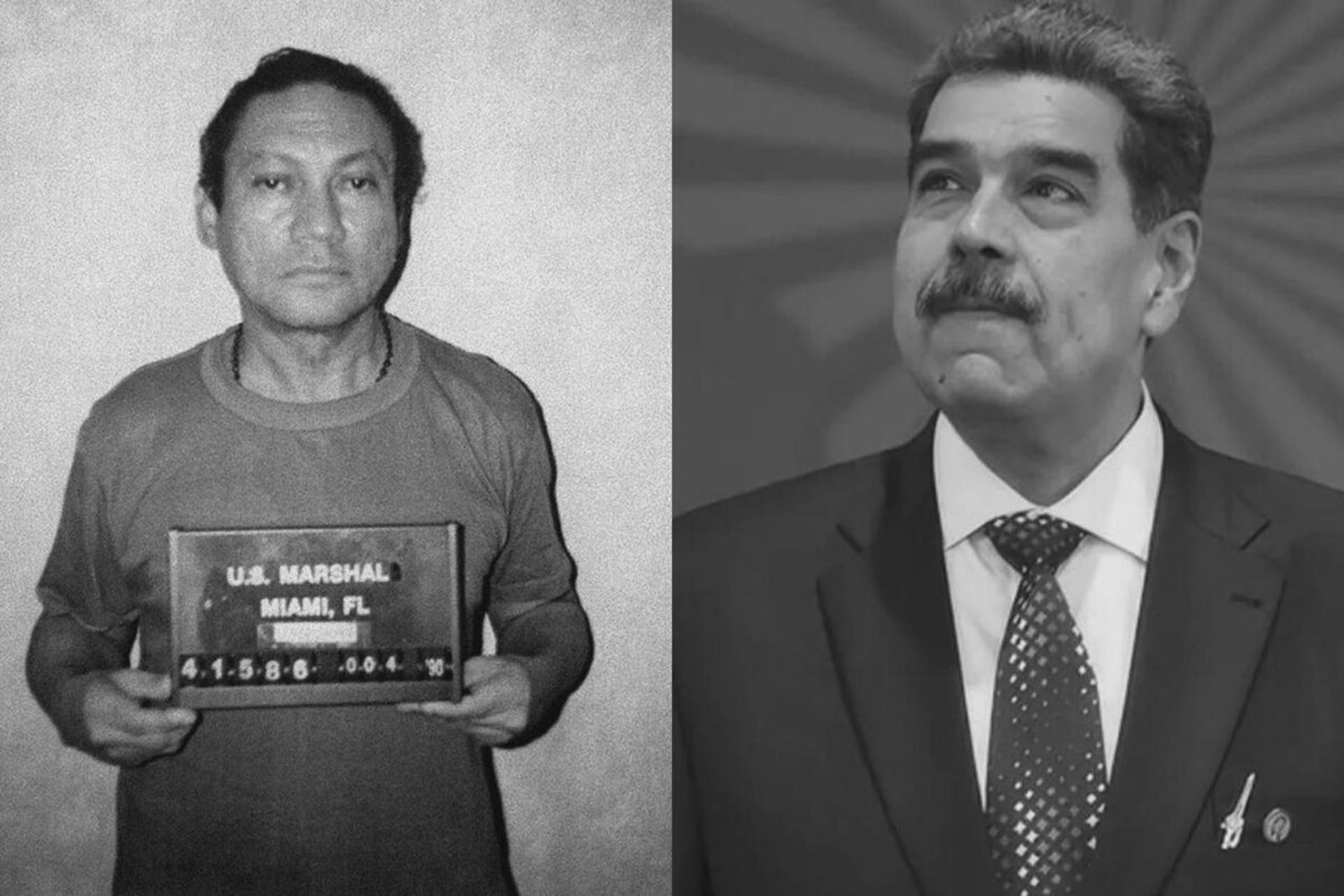 در سمت چپ، مانوئل نوریه‌گا در یک عکس آرشیوی از زمان بازداشت او توسط مارشال‌های آمریکا در میامی دیده می‌شود؛ در سمت راست، نیکلاس مادورو، رئیس‌جمهور ونزوئلا