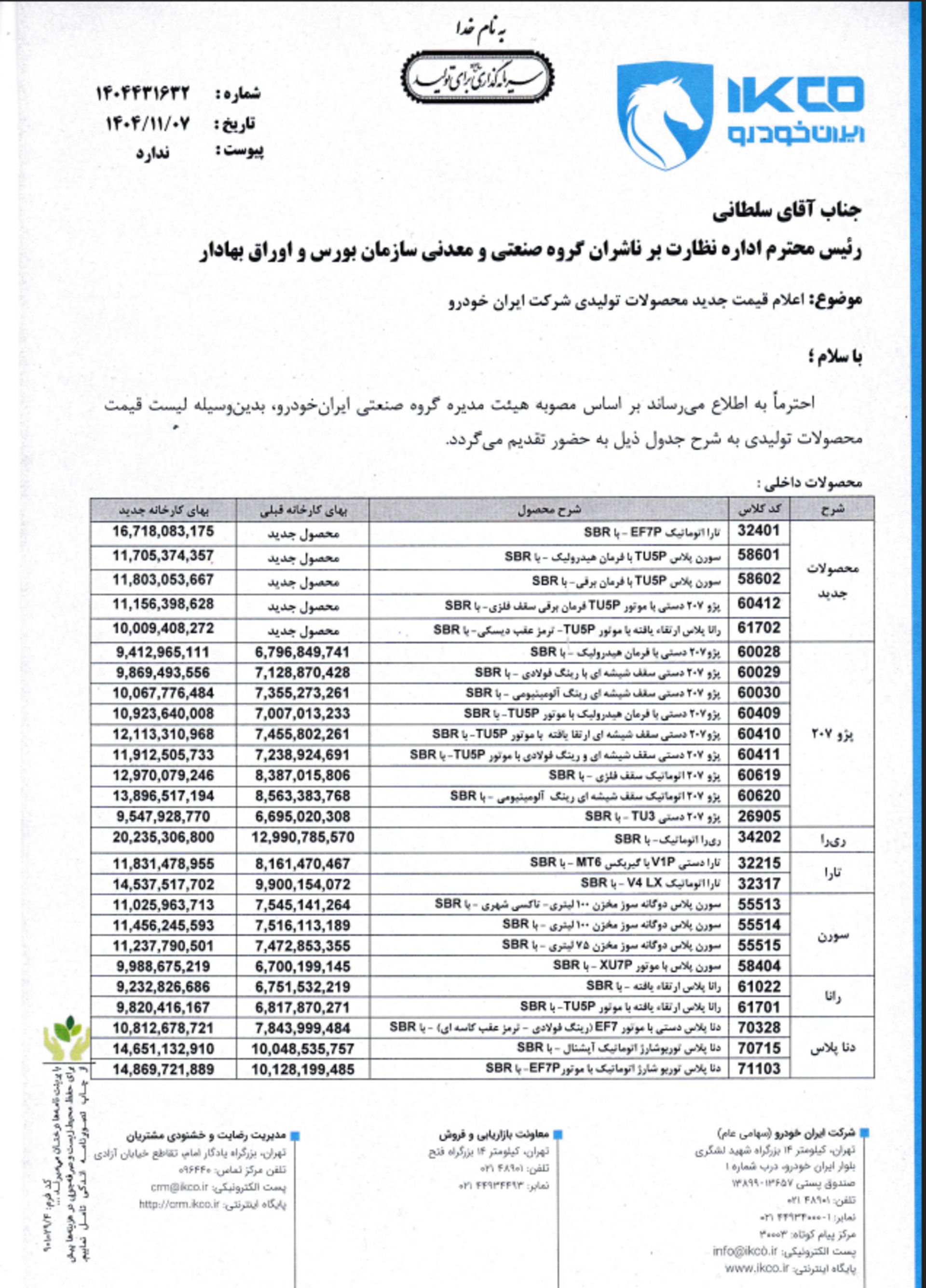 قیمت محصولات ایران خودرو