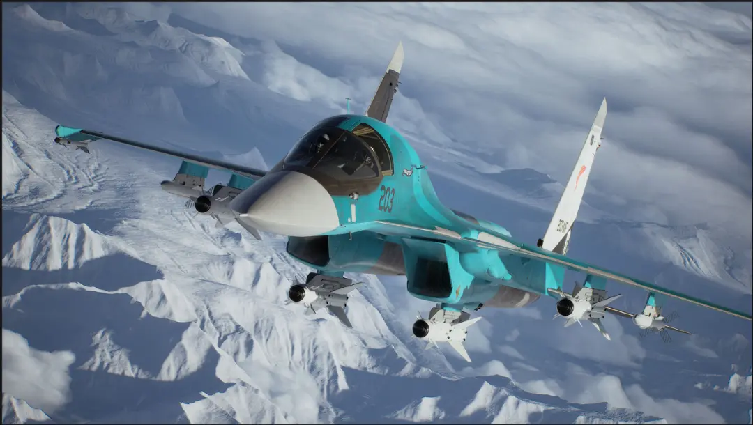 جنگنده سوخو-۳۴ (Sukhoi Su-34) با تسلیحات کامل بر فراز کوه‌های پوشیده از برف