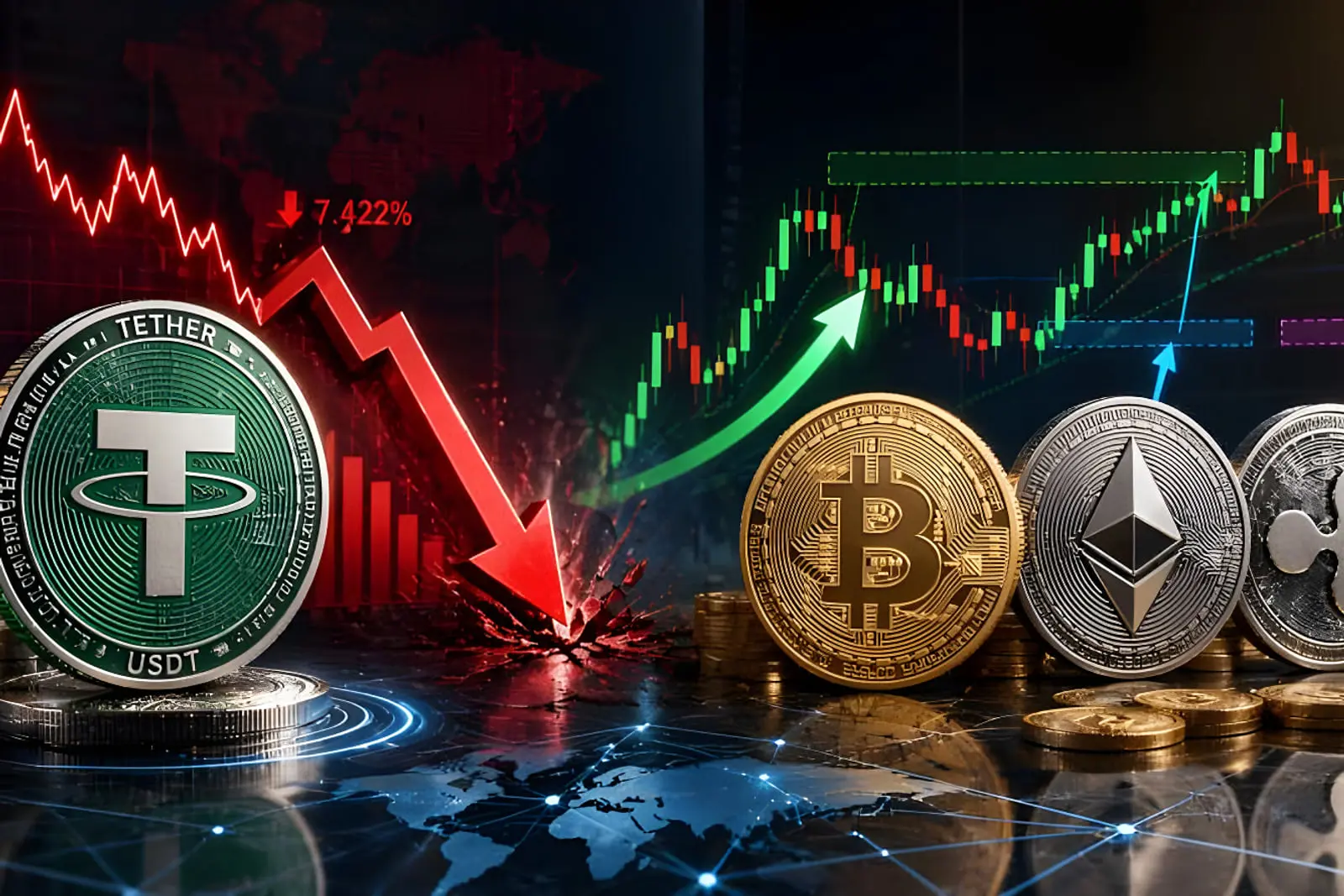 ارز دیجیتال تتر (Tether) در کنار بیت‌کوین (Bitcoin) و اتریوم (Ethereum) با نمودار نوسان قیمت