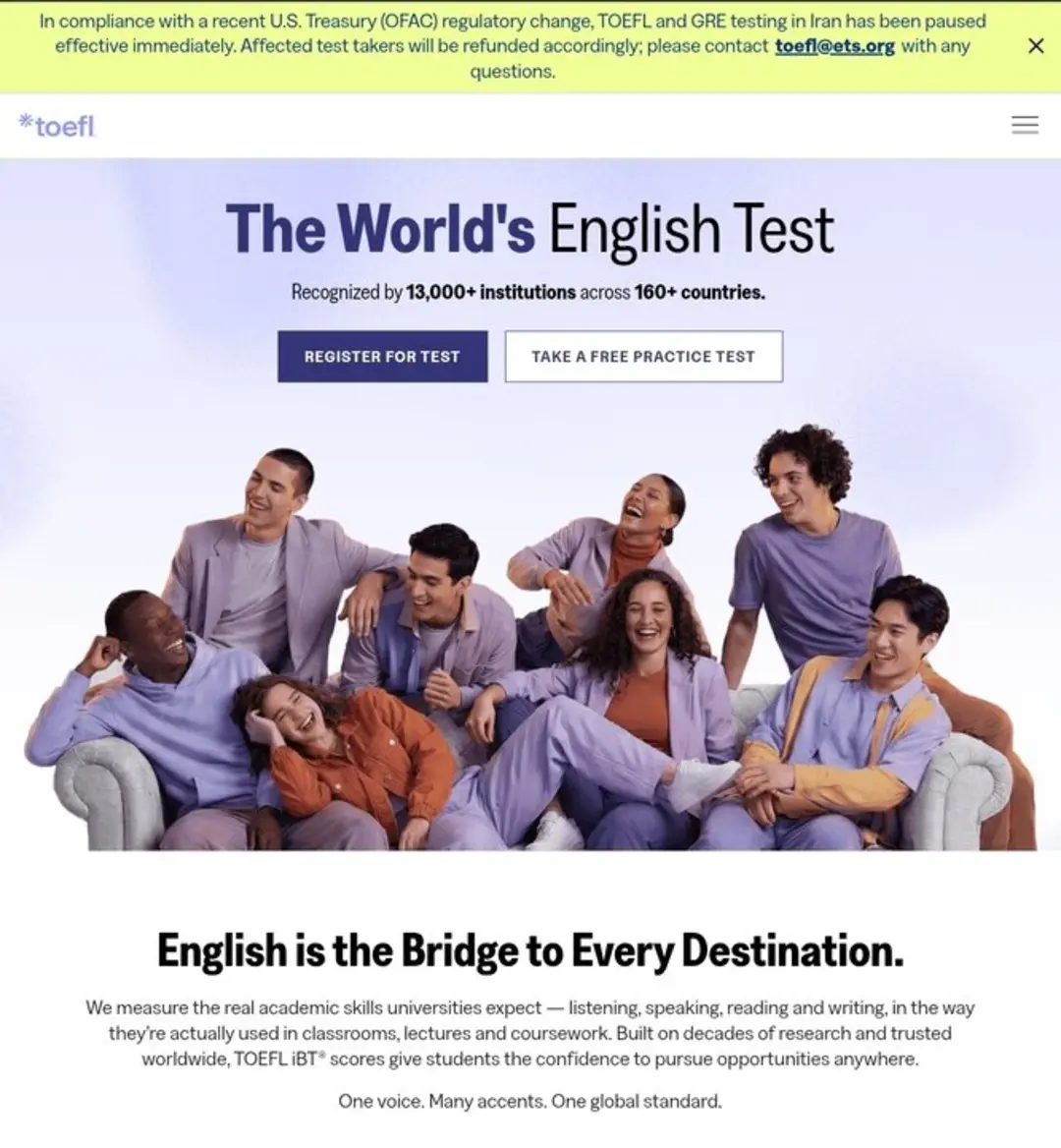گروهی از دانشجویان در وب‌سایت رسمی آزمون تافل (TOEFL)