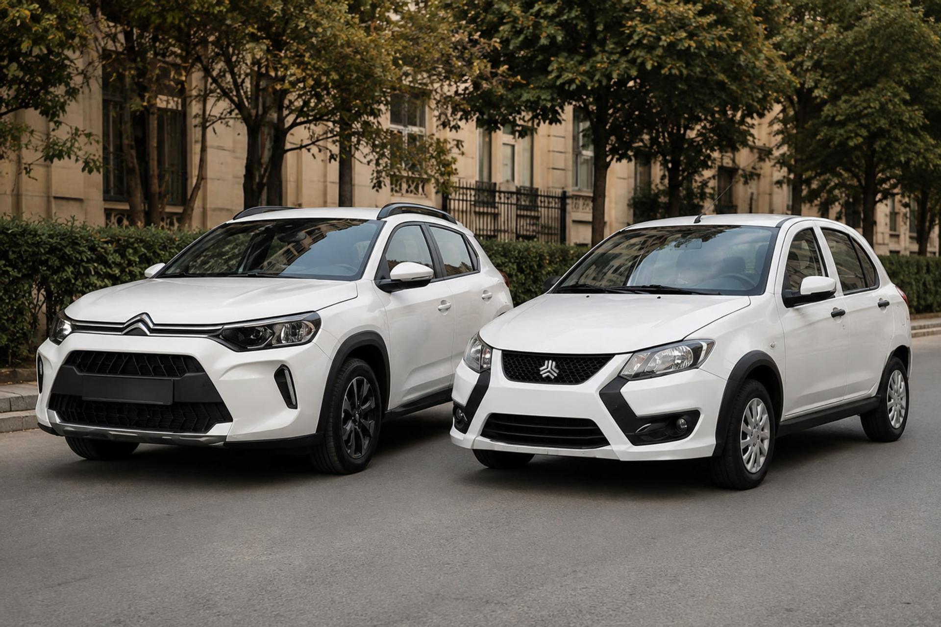 خودروهای سفید سیتروئن (Citroën) و سوزوکی (Suzuki) پارک شده در کنار هم در خیابان