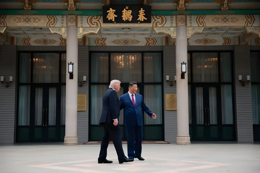 شی جین‌پینگ (Xi Jinping) در حال همراهی دونالد ترامپ (Donald Trump) در باغ ژونگ‌نان‌های پکن