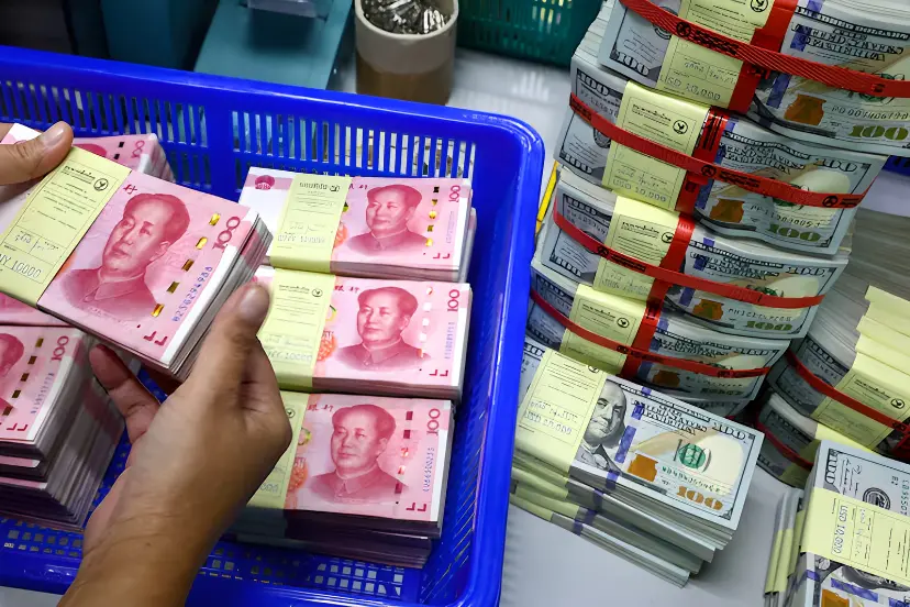 دسته‌های اسکناس یوان (Yuan) و دلار آمریکا در سبد و روی میز